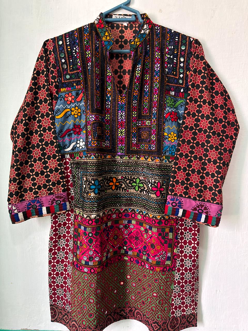 Fully hand-embroidered Sindhi kurta with mirror work, from the artisan collection at Durga Designs
