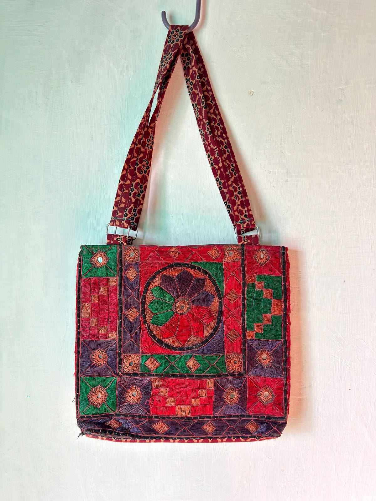 Hand-embroidered Sindhi mirror-work bag from the artisan collection at Durga Designs